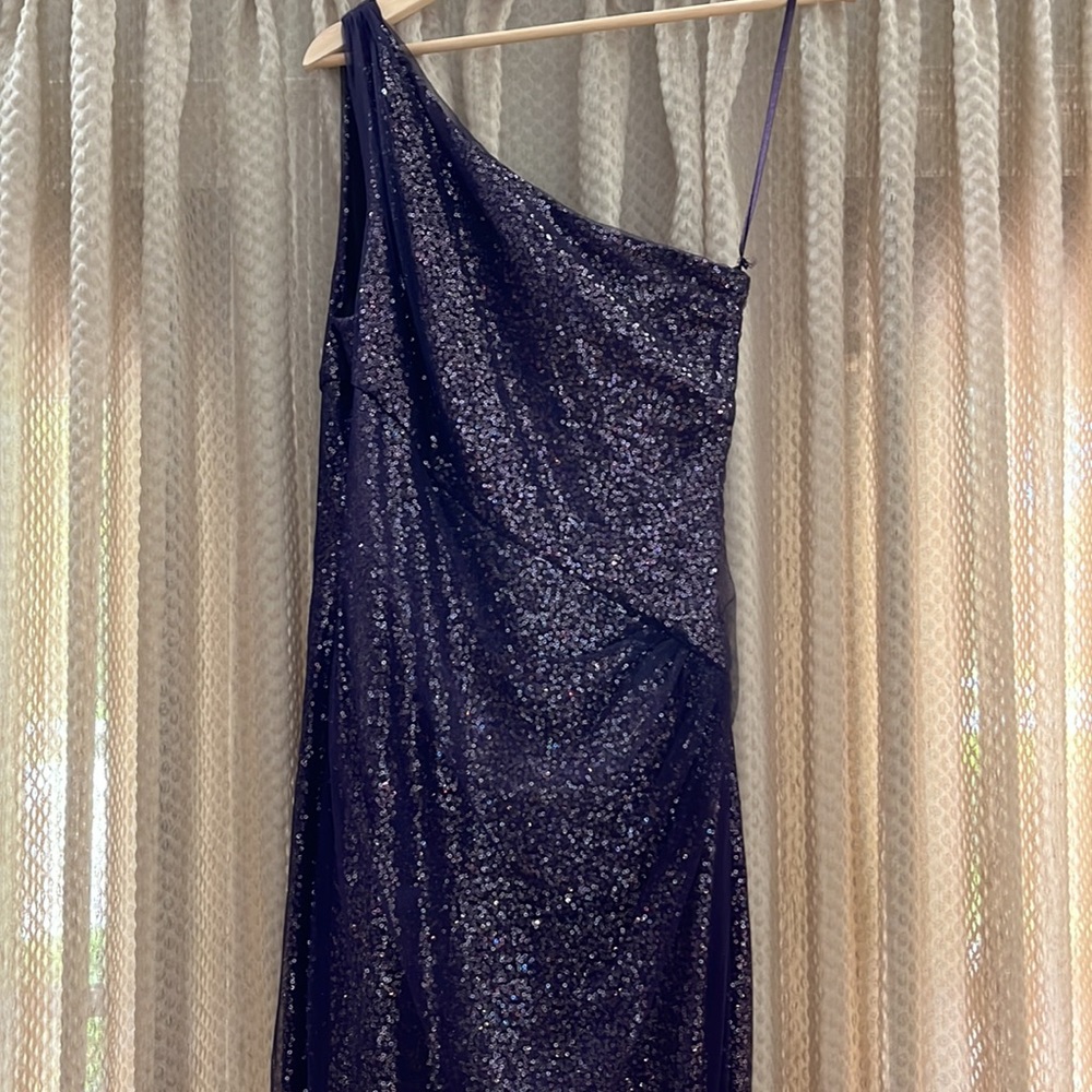 Ralph Lauren one-shouldered evening gown, plum sequins. Drapes softly, Size 14